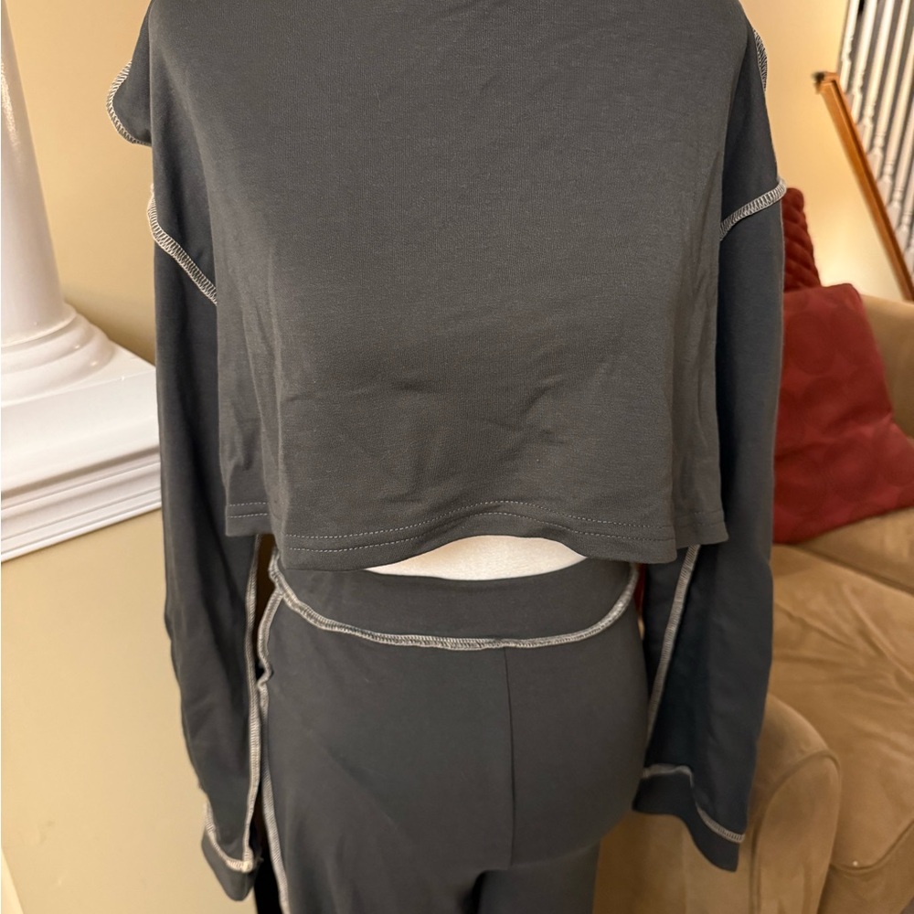 Shein Gray Long Sleeve Crop Top and Pants Set